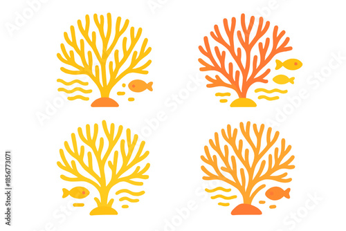 Four Stylized Corals with Fish on a Yellow Gradient Background