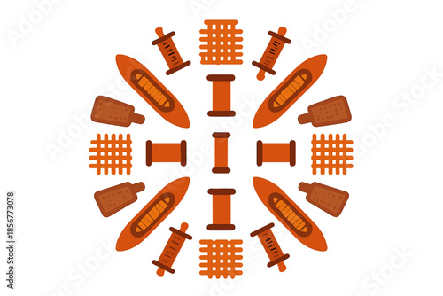 Textile weaving elements arranged in a mandala pattern on an orange gradient background