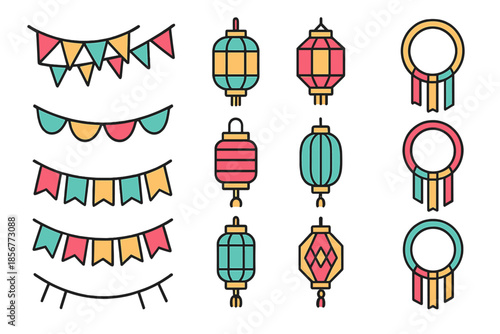Collection of flat icon elements for celebrations and decorations