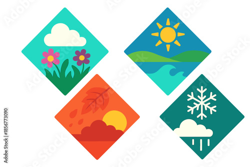Four Seasons Icons in Glowing Diamond Shapes