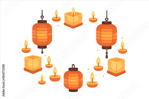 Hanging Lanterns and Candles Illuminating a Dark Background