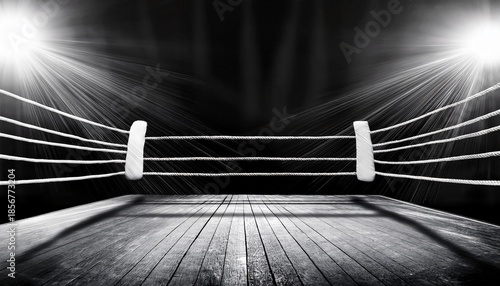 black and white image of a boxing ring with ropes and corner posts
