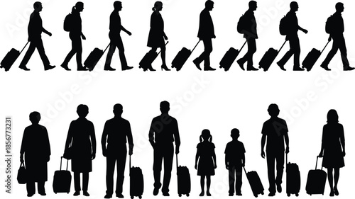 Silhouettes of Diverse People and Families Walking with Suitcases and Backpacks Representing Global Tourism Vacation Travel Airport Transit and Holiday Journey