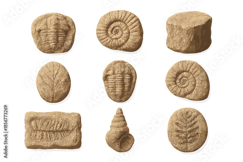 Collection of Fossil Imprints on Beige Background