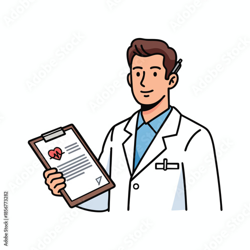 Cartoon doctor holds clipboard with heart rate monitor, smiling