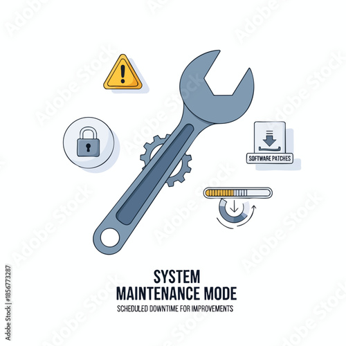 System maintenance concept art w/ wrench, warning, padlock, update, and progress