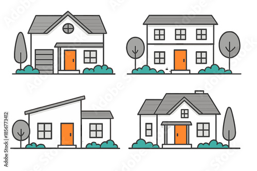 Four modern cartoon houses with trees and bushes