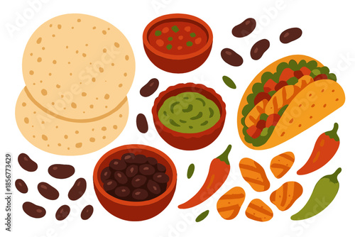 Mexican Food Flatlay with Taco, Guacamole, Salsa, and Tortillas