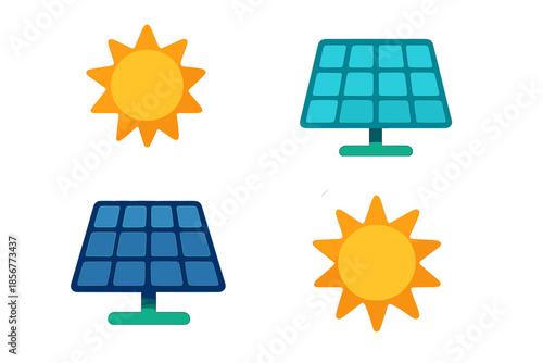 Solar energy concept with suns and solar panels