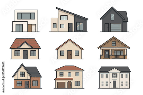 Collection of nine stylized houses with different architectural styles