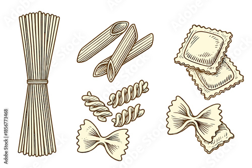 Variety of Pasta Shapes in Vintage Sketch Style