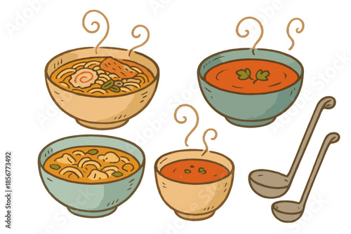 Four bowls of steaming soup and two ladles