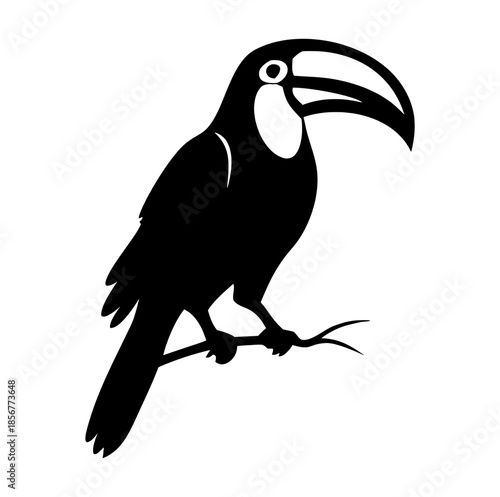 Toucan silhouette perched on branch in minimal tropical bird style.