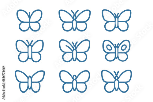 Nine blue butterfly icons with glowing outlines on a gradient background