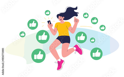 Happy woman enjoying social media success with likes