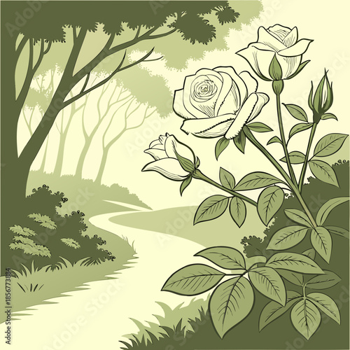 A serene garden landscape features blooming white roses alongside a winding pathway shaded by lush trees