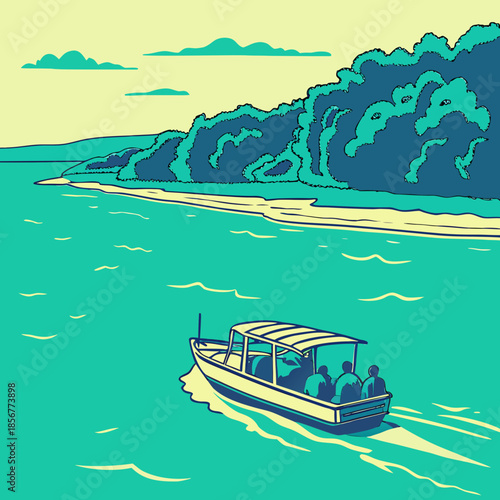 A vibrant illustration depicts a small boat sailing on turquoise waters towards a lush tropical coastline