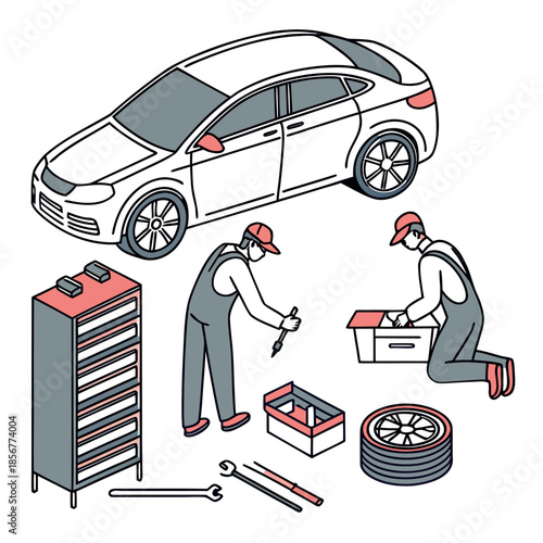 Isometric illustration depicting car repair with mechanics tools and automotive parts in a stylized design