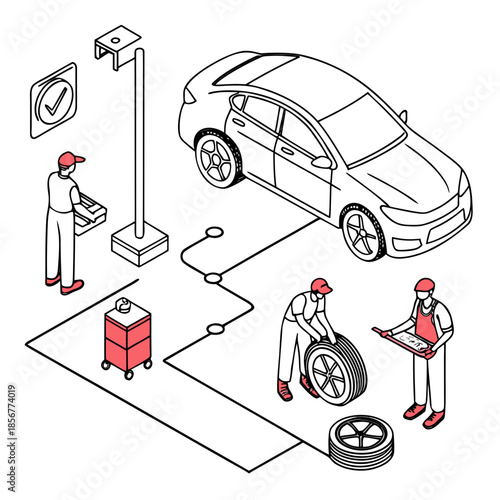 Isometric illustration depicting car maintenance and repair services with mechanics and equipment in a detailed scene