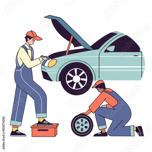 Two mechanics are diligently working on a light blue car one under the hood and another with a tire