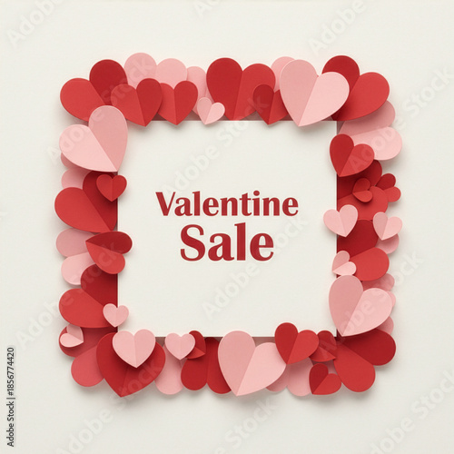 Valentine Sale, Red and Pink Paper Hearts Frame on White Background