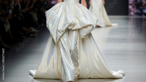 Elegant White Gown on Fashion Runway.