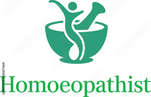 Green homoeopathist with mortar and pestle bowl