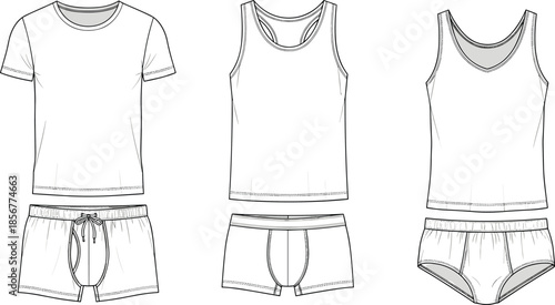 Men’s undergarment technical fashion set, t-shirt tank briefs boxers, apparel design vector, cad drawing flat vector illustration