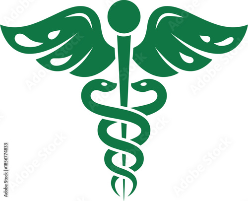 Green medical caduceus symbol with wings
