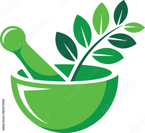 Green mortar and pestle with leaves herbal