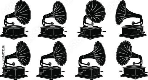 Vintage gramophone silhouette set, retro music icon, phonograph horn speaker, black vector art, cad drawing flat vector illustration
