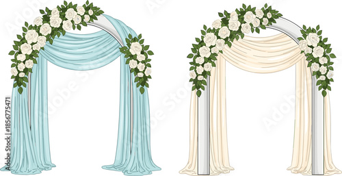 Wedding arch decoration, floral draped fabric, romantic ceremony backdrop, white roses, elegant setup, cad drawing flat vector illustration