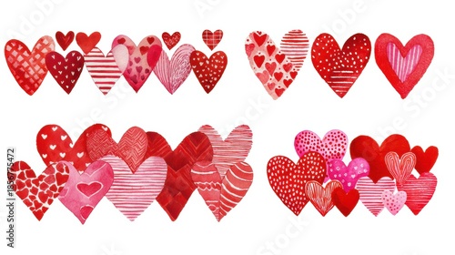 Red and pink watercolor hearts with playful dots, stripes