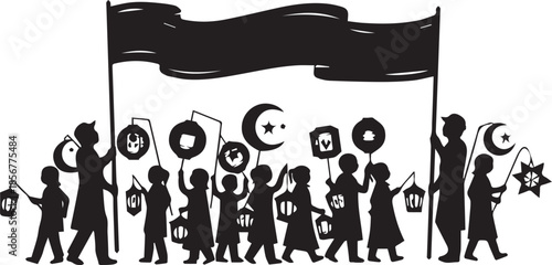 Children holding lanterns and flags in a parade with crescent moons