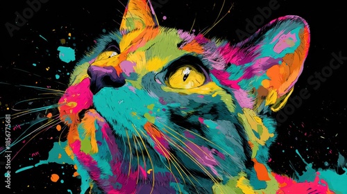Neon abstract cat illustration of vibrant layered textures