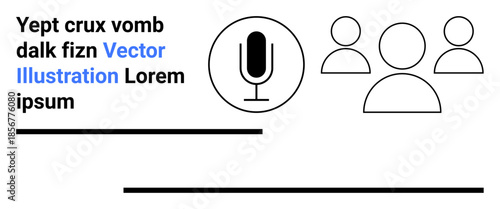 Communication, media sharing, podcasting, teamwork, audio content, broadcasting. Microphone icon alongside group figures. Communication and media sharing