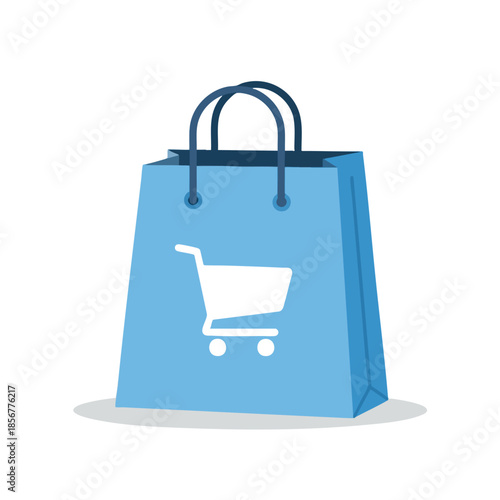 A blue shopping bag with a white shopping cart icon and black handles