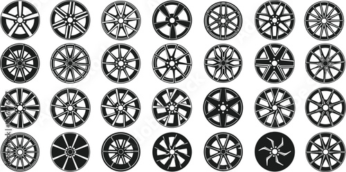 Car wheel rim designs, black and white vector, automotive parts, spoke styles, CAD illustration, flat drawing, mechanical detail, customization