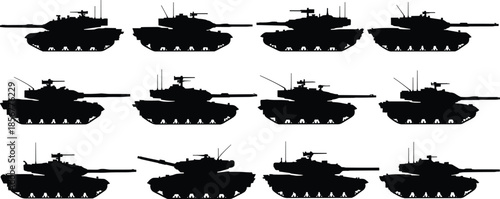 Set of military tank silhouettes for armored vehicle design, heavy weapon transport icons cad drawing flat vector illustration, army warfare and defense battle symbols.