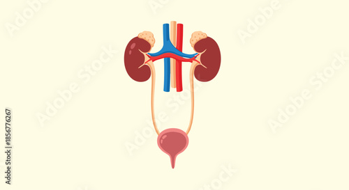 Anatomical illustration of the human urinary system, including the kidneys, ureters, bladder, and major blood vessels.