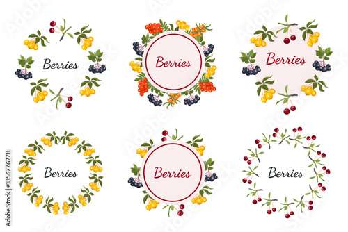 Set of hand drawn circular frames with berries and leaves. Floral wreaths for labels, packaging, invitations, branding, posters, organic food design and seasonal decoration.