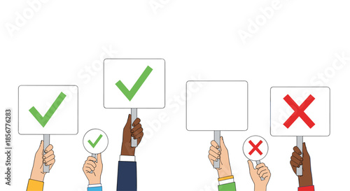 Diverse hands holding up signs with green check marks and red cross marks, representing voting, feedback, and decision-making.