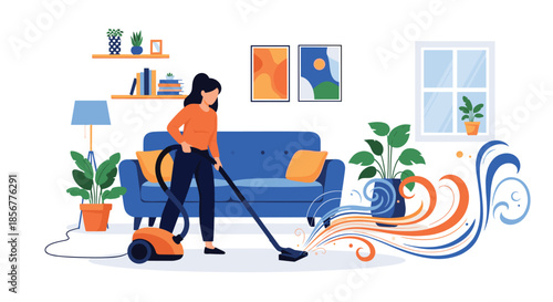 Young woman cleaning her living room with a powerful vacuum cleaner, sucking up dust and dirt from the carpet with a swirl.