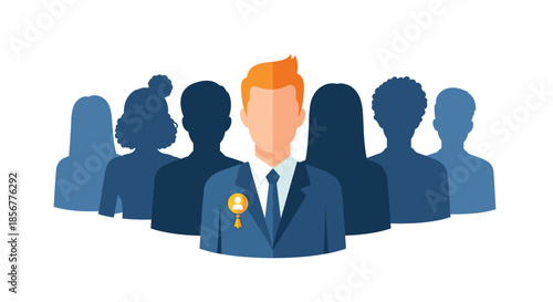 Successful team leader with a medal standing in front of the silhouettes of his diverse team, representing leadership.