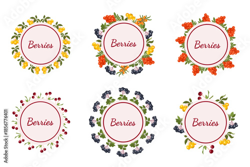 Collection of circular berry frames with inner space for text. Ideal for food labels, jams, cosmetics, organic products, branding, packaging, stickers and social media design.