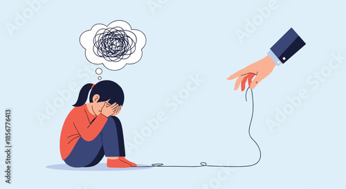 Hand manipulating a sad, anxious girl like a puppet on a string, illustrating mental health issues or manipulation.