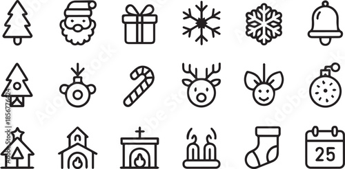 Minimal black Christmas and winter holiday icon set with festive symbols for seasonal design