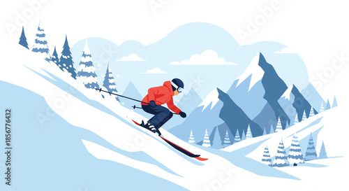Skier in a red jacket skiing down a snowy mountain slope with a beautiful winter landscape of peaks and pine trees.