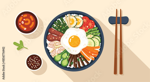 Top-down view of a delicious bowl of Korean bibimbap with a fried egg, vegetables, and side dishes of sauce.
