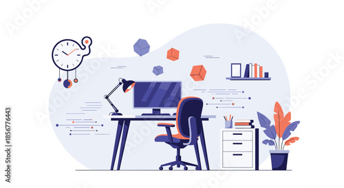 Modern and creative workspace interior with a computer on a desk, an ergonomic chair, and abstract decorative elements.